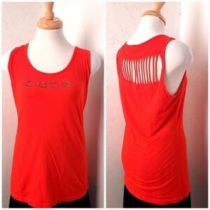 Bebe | Cherry red rhinestone logo Y2K style ripped open back tank top